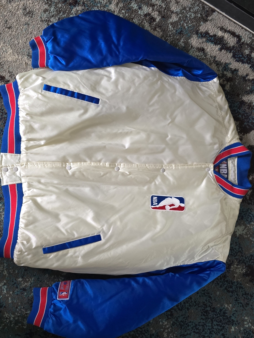 Authentic NBA Satin Bomber Jacket - Cream & Royal Blue
